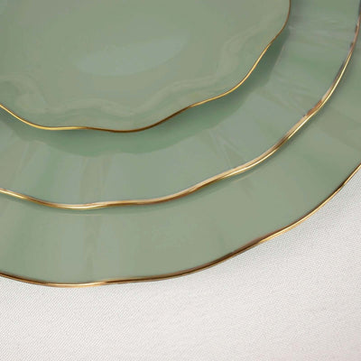 10-Pack Plastic Round Dinner Plates 11" Dusty Sage Green Ruffled Rim with Gold Edging - Heavy Duty Disposable Dinnerware