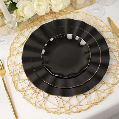 10-Pack Plastic Round Dinner Plates 11" Black Ruffled Rim with Gold Edging - Heavy Duty Disposable Dinnerware