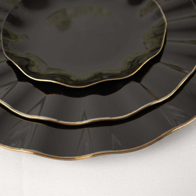 10-Pack Plastic Round Dinner Plates 11" Black Ruffled Rim with Gold Edging - Heavy Duty Disposable Dinnerware