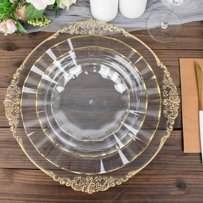 10-Pack Plastic Round Dinner Plates 11" Clear Ruffled Rim with Gold Edging - Heavy Duty Disposable Dinnerware