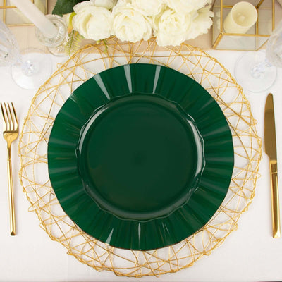 10-Pack Plastic Round Dinner Plates 11" Hunter Emerald Green Ruffled Rim with Gold Edging - Heavy Duty Disposable Dinnerware