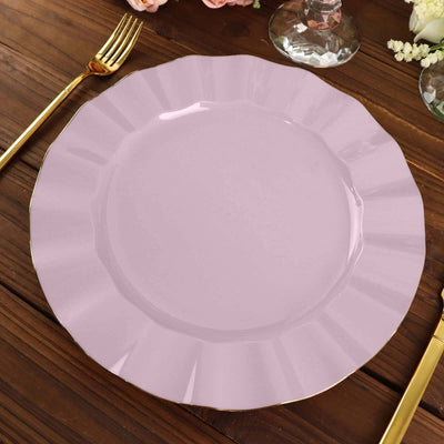10-Pack Plastic Round Dinner Plates 11" Lavender Lilac Ruffled Rim with Gold Edging - Heavy Duty Disposable Dinnerware