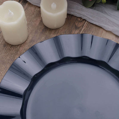 10-Pack Plastic Round Dinner Plates 11" Navy Blue Ruffled Rim with Gold Edging - Heavy Duty Disposable Dinnerware