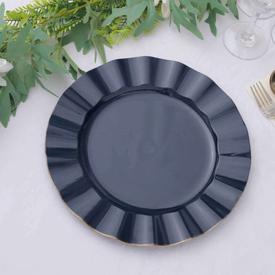 10-Pack Plastic Round Dinner Plates 11" Navy Blue Ruffled Rim with Gold Edging - Heavy Duty Disposable Dinnerware