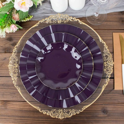 10-Pack Plastic Round Dinner Plates 11" Purple Ruffled Rim with Gold Edging - Heavy Duty Disposable Dinnerware