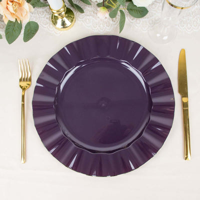 10-Pack Plastic Round Dinner Plates 11" Purple Ruffled Rim with Gold Edging - Heavy Duty Disposable Dinnerware