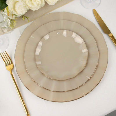 10-Pack Plastic Round Dinner Plates 11" Taupe Ruffled Rim with Gold Edging - Heavy Duty Disposable Dinnerware