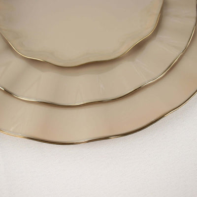 10-Pack Plastic Round Dinner Plates 11" Taupe Ruffled Rim with Gold Edging - Heavy Duty Disposable Dinnerware