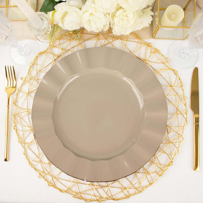 10-Pack Plastic Round Dinner Plates 11" Taupe Ruffled Rim with Gold Edging - Heavy Duty Disposable Dinnerware