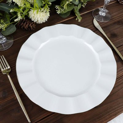 10-Pack Plastic Round Dinner Plates 11" White Ruffled Rim with Gold Edging - Heavy Duty Disposable Dinnerware for Upscale Buffets & Catered Events