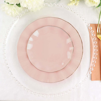 10-Pack Plastic Round Dessert Plates 6" Blush Ruffled Rim with Gold Edging - Heavy Duty Disposable Salad Appetizer Dinnerware