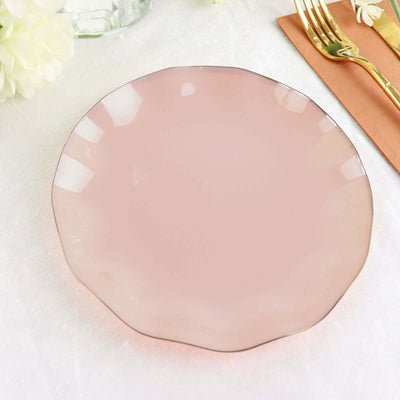 10-Pack Plastic Round Dessert Plates 6" Blush Ruffled Rim with Gold Edging - Heavy Duty Disposable Salad Appetizer Dinnerware