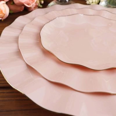 10-Pack Plastic Round Dessert Plates 6" Blush Ruffled Rim with Gold Edging - Heavy Duty Disposable Salad Appetizer Dinnerware
