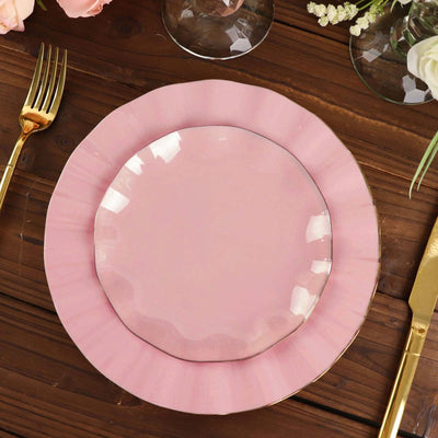 10-Pack Plastic Round Dessert Plates 6" Dusty Rose Ruffled Rim with Gold Edging - Heavy Duty Disposable Salad Appetizer Dinnerware