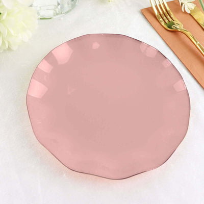 10-Pack Plastic Round Dessert Plates 6" Dusty Rose Ruffled Rim with Gold Edging - Heavy Duty Disposable Salad Appetizer Dinnerware