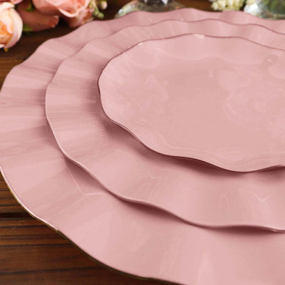 10-Pack Plastic Round Dessert Plates 6" Dusty Rose Ruffled Rim with Gold Edging - Heavy Duty Disposable Salad Appetizer Dinnerware