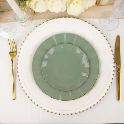 10-Pack Plastic Round Dessert Plates 6" Dusty Sage Green Ruffled Rim with Gold Edging - Heavy Duty Disposable Salad Appetizer Dinnerware