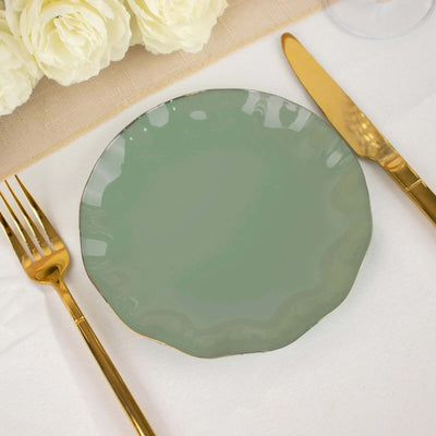 10-Pack Plastic Round Dessert Plates 6" Dusty Sage Green Ruffled Rim with Gold Edging - Heavy Duty Disposable Salad Appetizer Dinnerware
