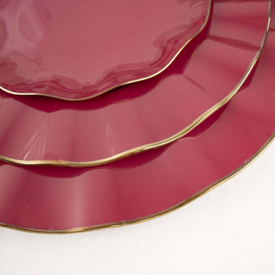 10-Pack Plastic Round Dessert Plates 6" Burgundy Ruffled Rim with Gold Edging - Heavy Duty Disposable Salad Appetizer Dinnerware