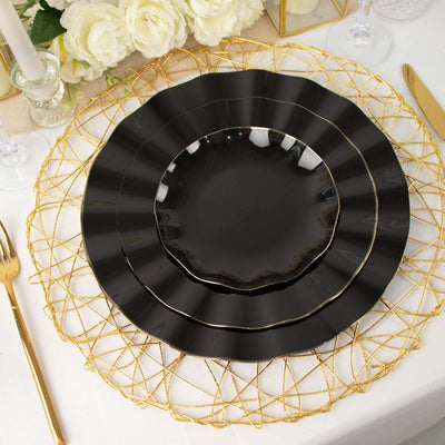 10-Pack Plastic Round Dessert Plates 6" Black Ruffled Rim with Gold Edging - Heavy Duty Disposable Salad Appetizer Dinnerware