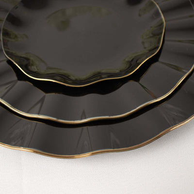10-Pack Plastic Round Dessert Plates 6" Black Ruffled Rim with Gold Edging - Heavy Duty Disposable Salad Appetizer Dinnerware