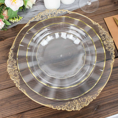 10-Pack Plastic Round Dessert Plates 6" Clear Ruffled Rim with Gold Edging - Heavy Duty Disposable Salad Appetizer Dinnerware