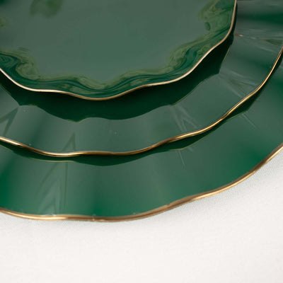 10-Pack Plastic Round Dessert Plates 6" Hunter Emerald Green Ruffled Rim with Gold Edging - Heavy Duty Disposable Salad Appetizer Dinnerware