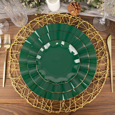 10-Pack Plastic Round Dessert Plates 6" Hunter Emerald Green Ruffled Rim with Gold Edging - Heavy Duty Disposable Salad Appetizer Dinnerware