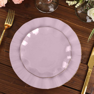 10-Pack Plastic Round Dessert Plates 6" Lavender Lilac Ruffled Rim with Gold Edging - Heavy Duty Disposable Salad Appetizer Dinnerware