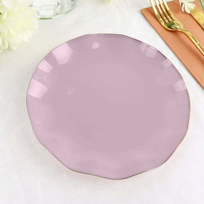 10-Pack Plastic Round Dessert Plates 6" Lavender Lilac Ruffled Rim with Gold Edging - Heavy Duty Disposable Salad Appetizer Dinnerware