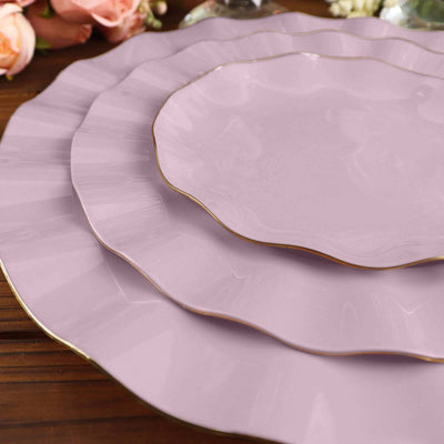 10-Pack Plastic Round Dessert Plates 6" Lavender Lilac Ruffled Rim with Gold Edging - Heavy Duty Disposable Salad Appetizer Dinnerware