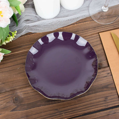 10-Pack Plastic Round Dessert Plates 6" Purple Ruffled Rim with Gold Edging - Heavy Duty Disposable Salad Appetizer Dinnerware