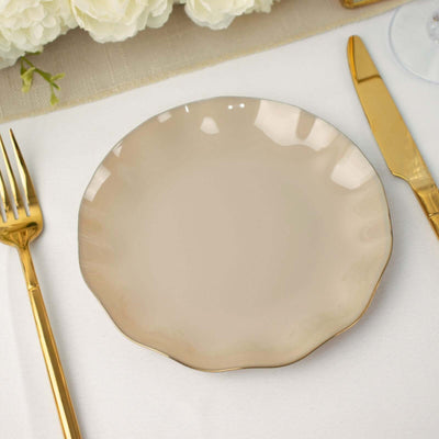 10-Pack Plastic Round Dessert Plates 6" Taupe Ruffled Rim with Gold Edging - Heavy Duty Disposable Salad Appetizer Dinnerware