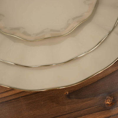 10-Pack Plastic Round Dessert Plates 6" Taupe Ruffled Rim with Gold Edging - Heavy Duty Disposable Salad Appetizer Dinnerware