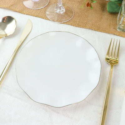 10-Pack Plastic Round Dessert Plates 6" White Ruffled Rim with Gold Edging - Heavy Duty Disposable Salad Appetizer Dinnerware