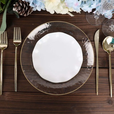 10-Pack Plastic Round Dessert Plates 6" White Ruffled Rim with Gold Edging - Heavy Duty Disposable Salad Appetizer Dinnerware