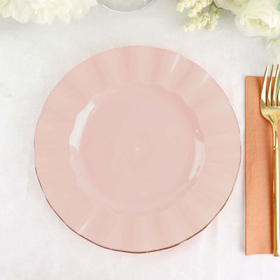10-Pack Plastic Round Dinner Plates 9" Blush Ruffled Rim with Gold Edging - Heavy Duty Disposable Dinnerware