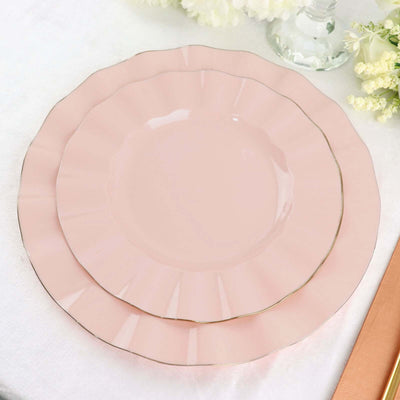 10-Pack Plastic Round Dinner Plates 9" Blush Ruffled Rim with Gold Edging - Heavy Duty Disposable Dinnerware