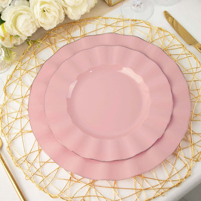 10-Pack Plastic Round Dinner Plates 9" Dusty Rose Ruffled Rim with Gold Edging - Heavy Duty Disposable Dinnerware