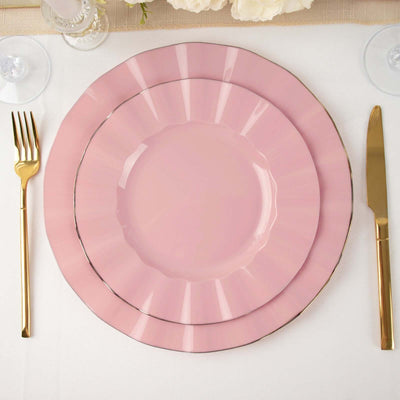 10-Pack Plastic Round Dinner Plates 9" Dusty Rose Ruffled Rim with Gold Edging - Heavy Duty Disposable Dinnerware