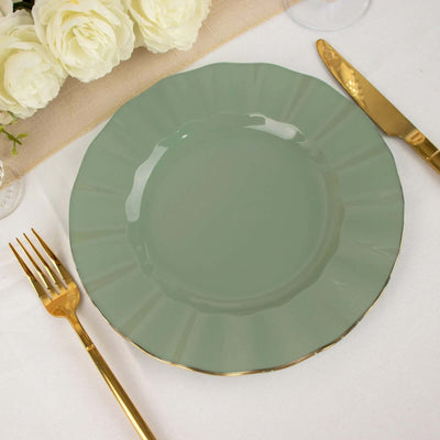 10-Pack Plastic Round Dinner Plates 9" Dusty Sage Green Ruffled Rim with Gold Edging - Heavy Duty Disposable Dinnerware