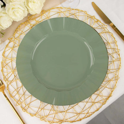 10-Pack Plastic Round Dinner Plates 9" Dusty Sage Green Ruffled Rim with Gold Edging - Heavy Duty Disposable Dinnerware