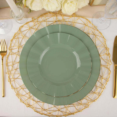 10-Pack Plastic Round Dinner Plates 9" Dusty Sage Green Ruffled Rim with Gold Edging - Heavy Duty Disposable Dinnerware