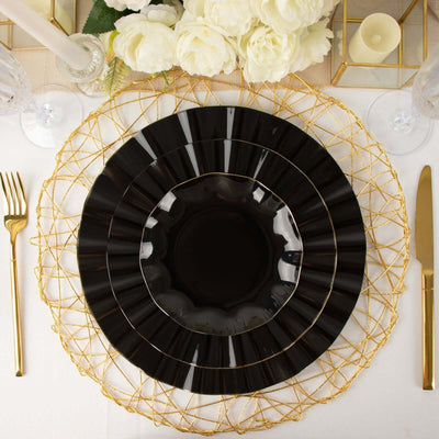 10-Pack Plastic Round Dinner Plates 9" Black Ruffled Rim with Gold Edging - Heavy Duty Disposable Dinnerware