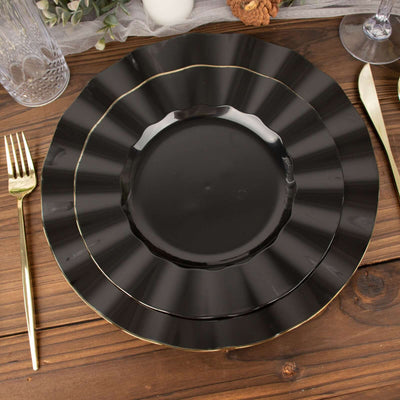 10-Pack Plastic Round Dinner Plates 9" Black Ruffled Rim with Gold Edging - Heavy Duty Disposable Dinnerware
