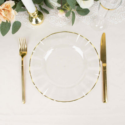 10-Pack Plastic Round Dinner Plates 9" Clear Ruffled Rim with Gold Edging - Heavy Duty Disposable Dinnerware