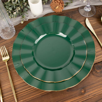 10-Pack Plastic Round Dinner Plates 9" Hunter Emerald Green Ruffled Rim with Gold Edging - Heavy Duty Disposable Dinnerware