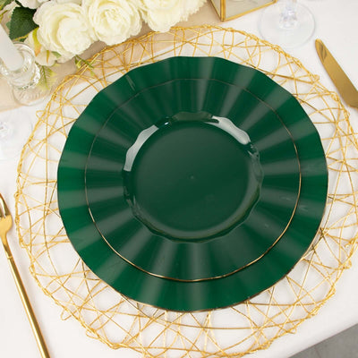 10-Pack Plastic Round Dinner Plates 9" Hunter Emerald Green Ruffled Rim with Gold Edging - Heavy Duty Disposable Dinnerware