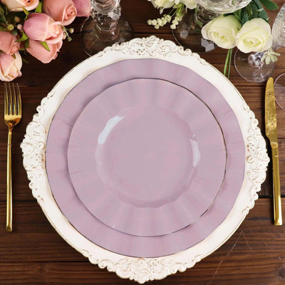 10-Pack Plastic Round Dinner Plates 9" Lavender Lilac Ruffled Rim with Gold Edging - Heavy Duty Disposable Dinnerware