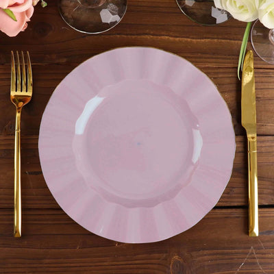 10-Pack Plastic Round Dinner Plates 9" Lavender Lilac Ruffled Rim with Gold Edging - Heavy Duty Disposable Dinnerware